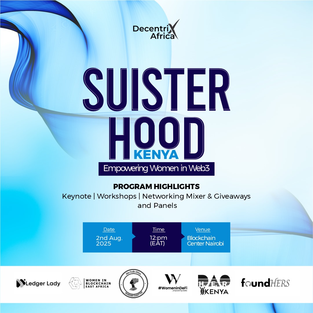 DecentrixAfrica's tweet image. @DecentrixAfrica is proud to host the inaugural SuiSterhood Kenya event.
This special event, powered by @SuiNetwork, is a women-only gathering designed to inspire, educate, and empower Kenyan women in Web3. Attendees will enjoy a full day of engaging sessions — from blockchain…