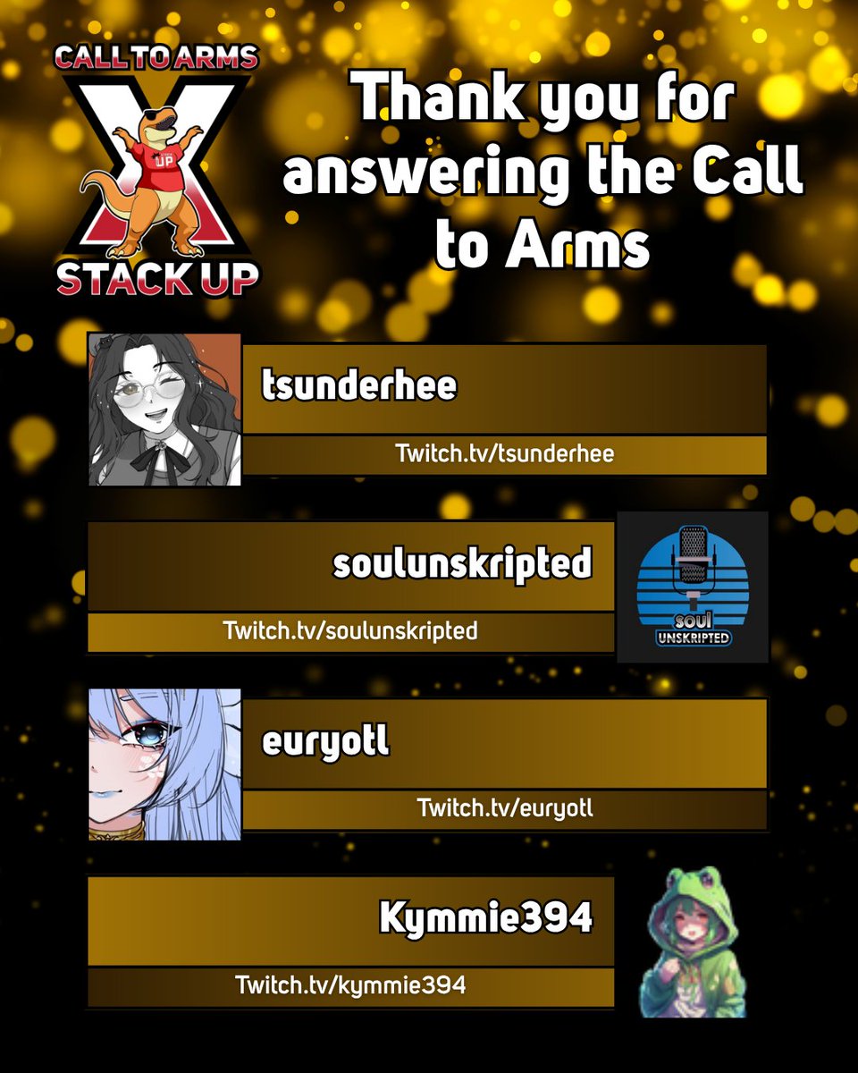 Stack Up Rex (@stackuprex) on Twitter photo Thanks for making <a href="/StackUpDotOrg/">Stack Up</a> your charity of choice and working with us to support Veteran mental health! 🫡🦖
<a href="/tsunderhee/">rhee 🍂☕️ • vtuber</a> | Twitch.tv/tsunderhee
<a href="/Soul_UnSkripted/">SoulUnskripted</a> | Twitch.tv/soulunskripted
<a href="/euryotl/">euryotl 🩵🫧 axolotl naiad</a> | Twitch.tv/euryotl
<a href="/xxkymxx5602/">Kymmie394🏳️🌈</a> | Twitch.tv/kymmie394 Thanks for making <a href="/StackUpDotOrg/">Stack Up</a> your charity of choice and working with us to support Veteran mental health! 🫡🦖
<a href="/tsunderhee/">rhee 🍂☕️ • vtuber</a> | Twitch.tv/tsunderhee
<a href="/Soul_UnSkripted/">SoulUnskripted</a> | Twitch.tv/soulunskripted
<a href="/euryotl/">euryotl 🩵🫧 axolotl naiad</a> | Twitch.tv/euryotl
<a href="/xxkymxx5602/">Kymmie394🏳️🌈</a> | Twitch.tv/kymmie394