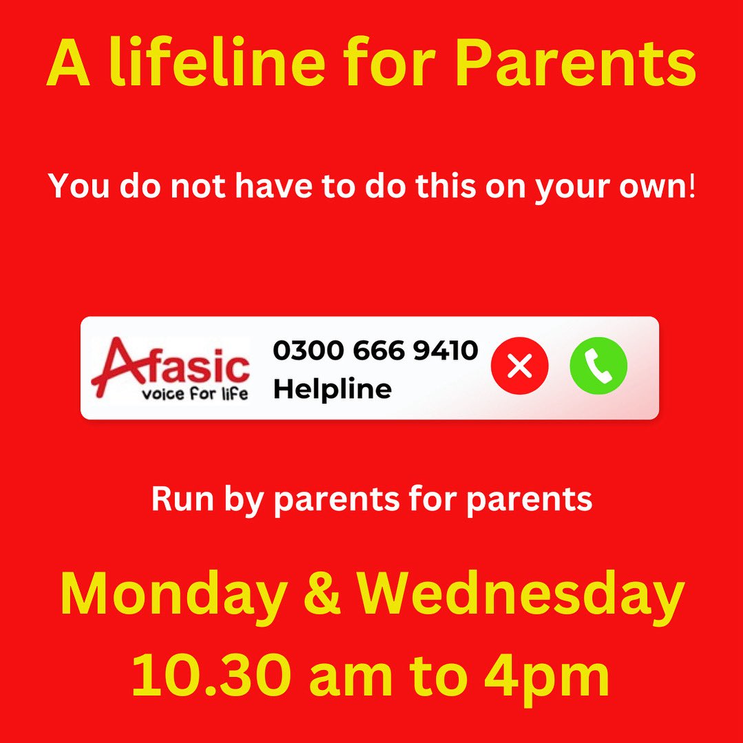 Afasic's tweet image. The Afasic helpline is open Mondays & Wednesdays 10.30am till 4.00pm to discuss difficulties your child may have with speech & language. 📞 0300 666 9410
afasic.org.uk
📧 Info@afasic.org.uk
afasic.org.uk/the-afasic-hel…
