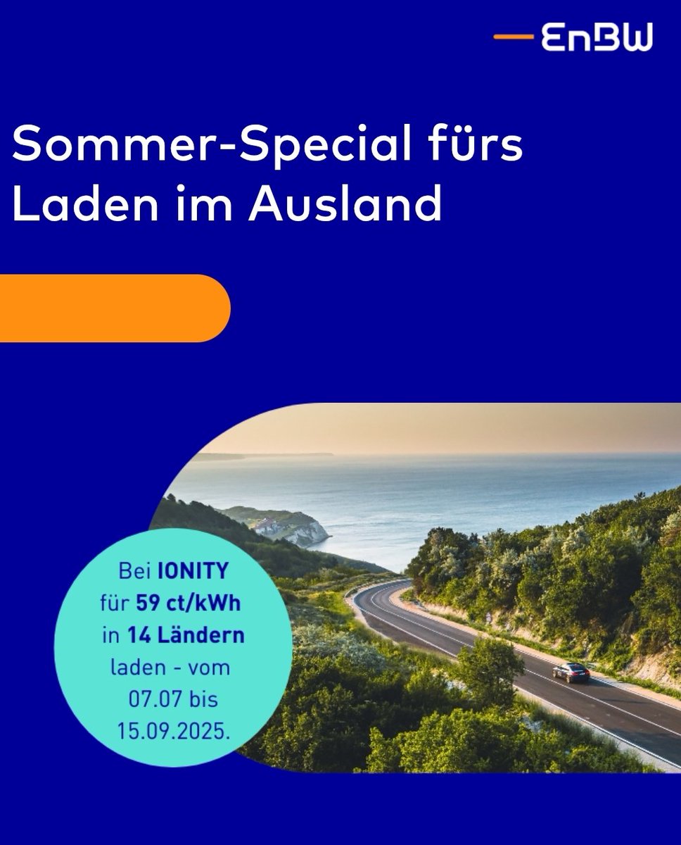 BK_TeslaMobil's tweet image. Die EnBW hat ein Sommer Ladeangebot herausgebracht. Bei den Ionity Ladeparks kann in 14 Ländern vom 07.07.bis15.09.2025 für 59 ct/kWh geladen werden. Einziger Wermutstropfen,nicht bei uns in Deutschland. Dennoch eine feine Sache welche bei Auslandsreisen die Urlaubskasse schont