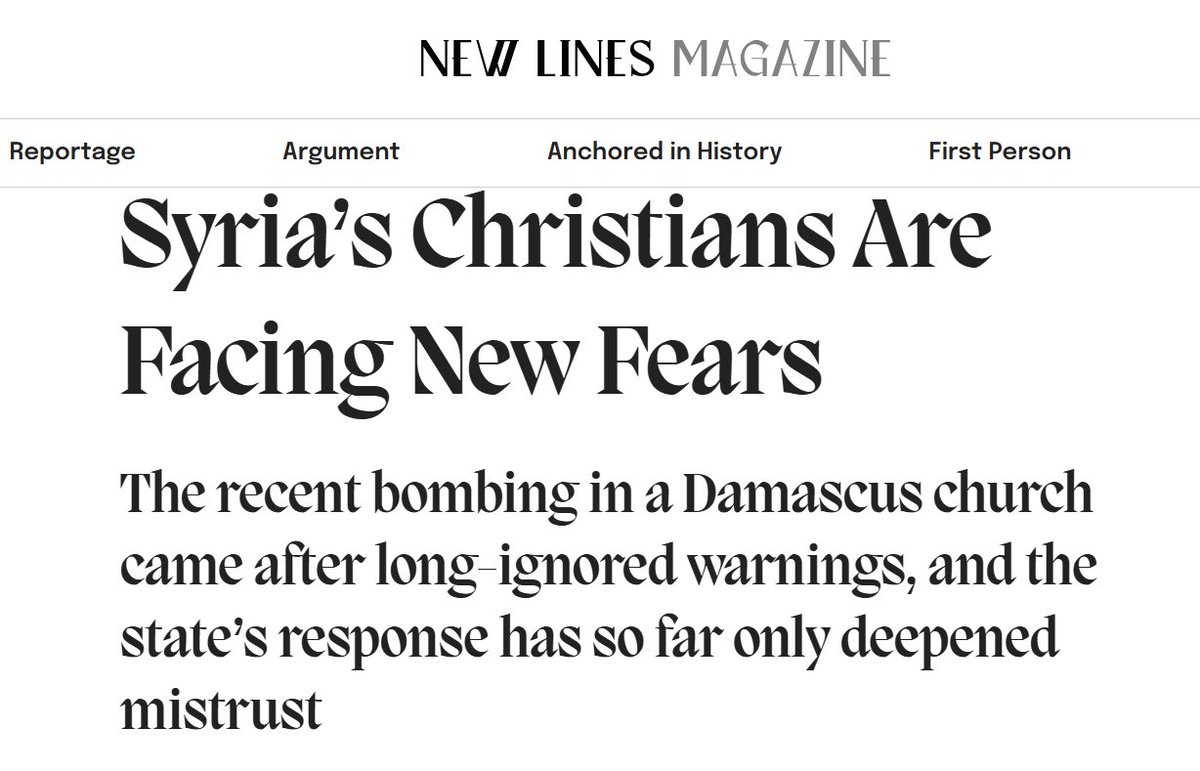 DusenburyDavid's tweet image. The "new Syria" is a terrible place for Christians. Western governments are complicit, & Western journalists are silent.
@newlinesmag