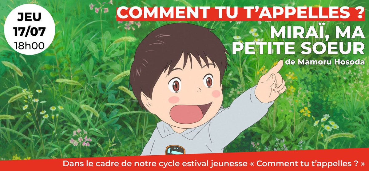 Cinema_ARVOR's tweet image. 👦👧🏼Au #CinéArvor notre cycle estival jeunesse "Comment tu t'appelles ?" présente MIRAÏ, MA PETITE SOEUR | Dès 8 ans • VF
🔸Kun est un petit garçon à l'enfance heureuse jusqu'à l'arrivée de Miraï sa petite soeur...
👋Un film merveilleux sur la famille, pour tous·tes !
#Rennes