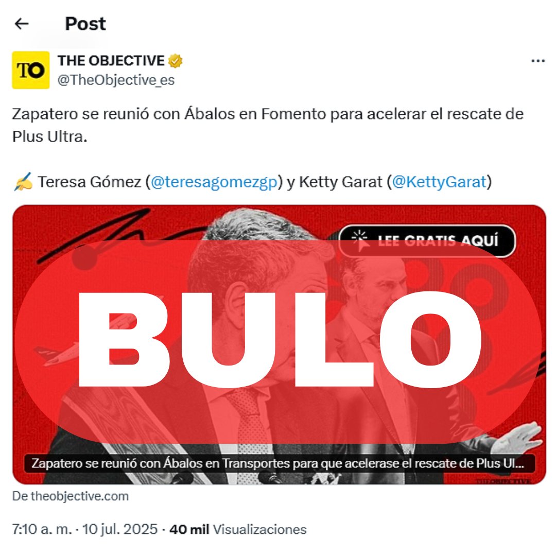 #StopBulos | REITERO que el Sr. Rodríguez Zapatero desde luego conmigo nunca se ha reunido para hablar de la aerolínea Plus Ultra ni tampoco lo hizo la empresa ni directamente ni a través de terceros. Como también reitero que nunca supe nada relacionado con esta compañía con