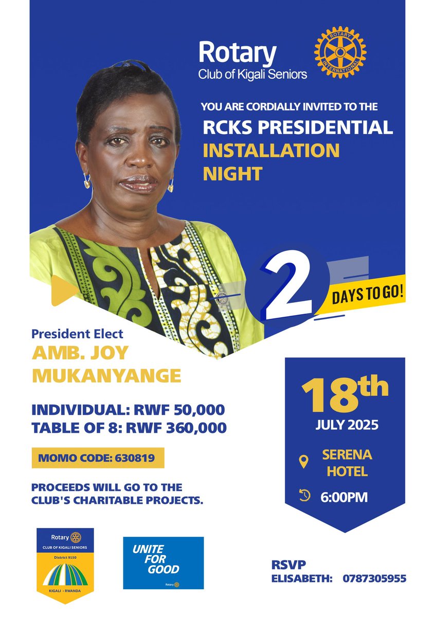 Rotary Kigali Seniors (@rotarykigalisr) on Twitter photo 🎉Two days to go!!
Get your ticket today and help us celebrate PE Amb Joy Mukanyange’s installation.
The party is happening at <a href="/kigaliserena/">Kigali Serena Hotel</a> from 6:pm on Friday, 18 July
#UniteforGood #Rotary 🎉Two days to go!!
Get your ticket today and help us celebrate PE Amb Joy Mukanyange’s installation.
The party is happening at <a href="/kigaliserena/">Kigali Serena Hotel</a> from 6:pm on Friday, 18 July
#UniteforGood #Rotary