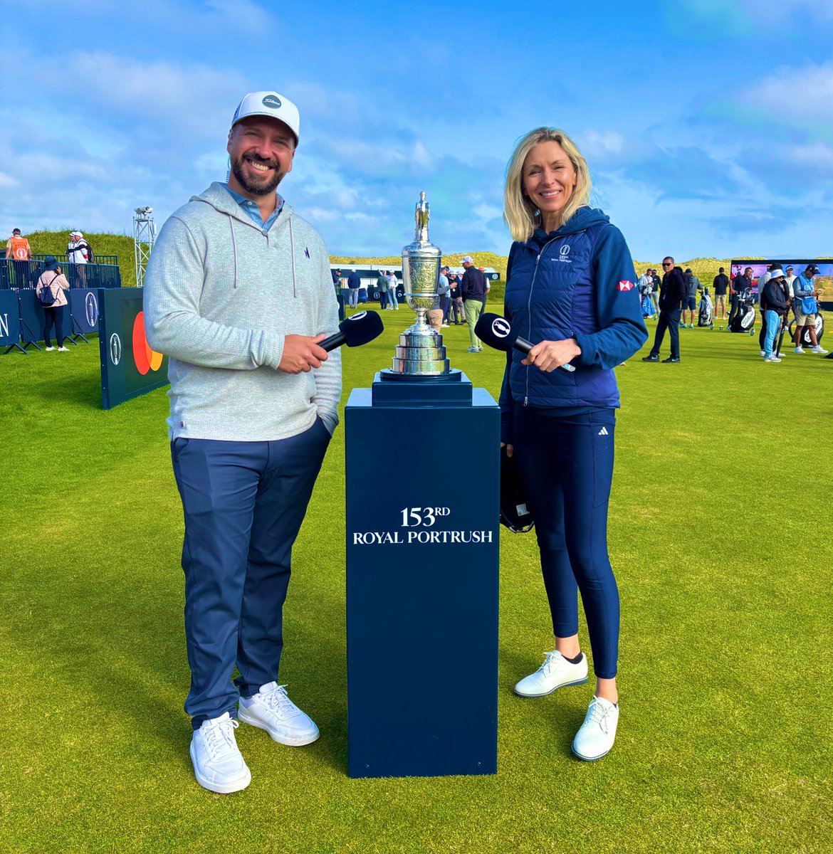 PeterFinchGolf's tweet image. Any questions for #LiveAtTheRange with me and @distewart79 @TheOpen on the ground with the world’s best golfers and a lovely jug ❤️