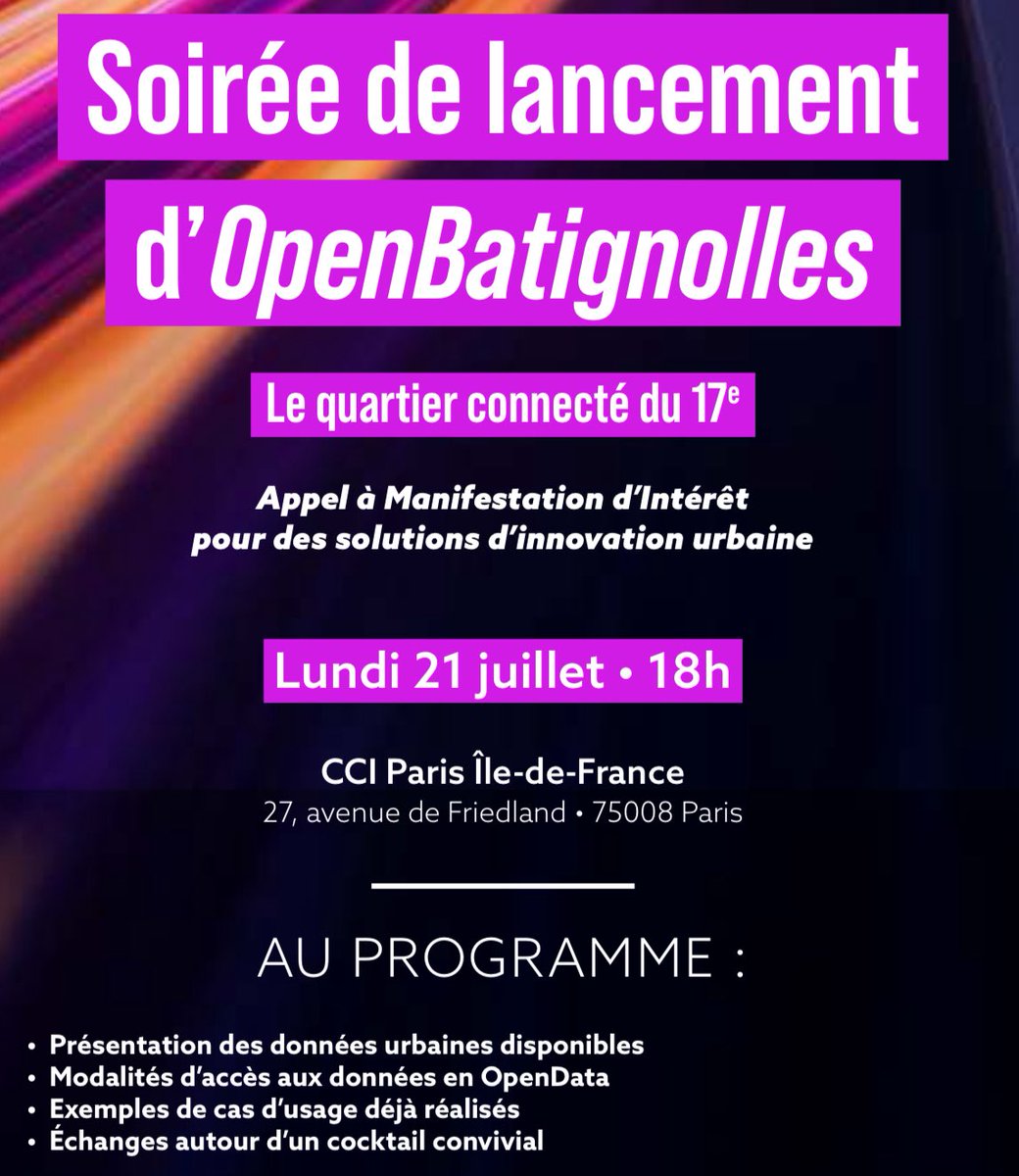 Geoffroy Boulard (@geoffroyboulard) on Twitter photo 📢 #Invitation | Lundi 21 juillet à 18h, découvrez l’Appel à manifestation d’intérêt #OpenBatignolles, le quartier connecté du 17e !
Un terrain d’expérimentation urbaine au service de la transition énergétique et des innovations locales avec <a href="/Paul_Hatte/">Paul Hatte</a> <a href="/Mairie17/">Mairie du 17e</a>
📍<a href="/CCI_75/">CCI Paris</a> 📢 #Invitation | Lundi 21 juillet à 18h, découvrez l’Appel à manifestation d’intérêt #OpenBatignolles, le quartier connecté du 17e !
Un terrain d’expérimentation urbaine au service de la transition énergétique et des innovations locales avec <a href="/Paul_Hatte/">Paul Hatte</a> <a href="/Mairie17/">Mairie du 17e</a>
📍<a href="/CCI_75/">CCI Paris</a>