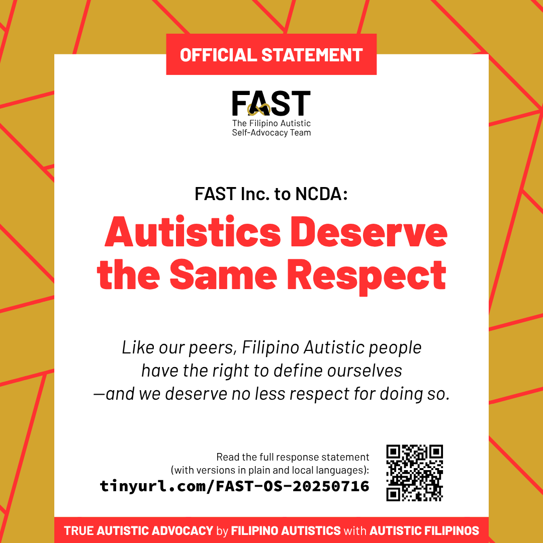 filautadvocacy's tweet photo. “Autistic” is not a mistake—it’s identity, pride, and resistance. We deserve the same respect as other disability communities.

Our response to NCDA’s new statement on autism terminology:

🔗 https://t.co/Txdy7cUwCv

#NothingAboutUsWithoutUs #AutismPH #DisabilityJustice https://t.co/zSMYoDb99Z