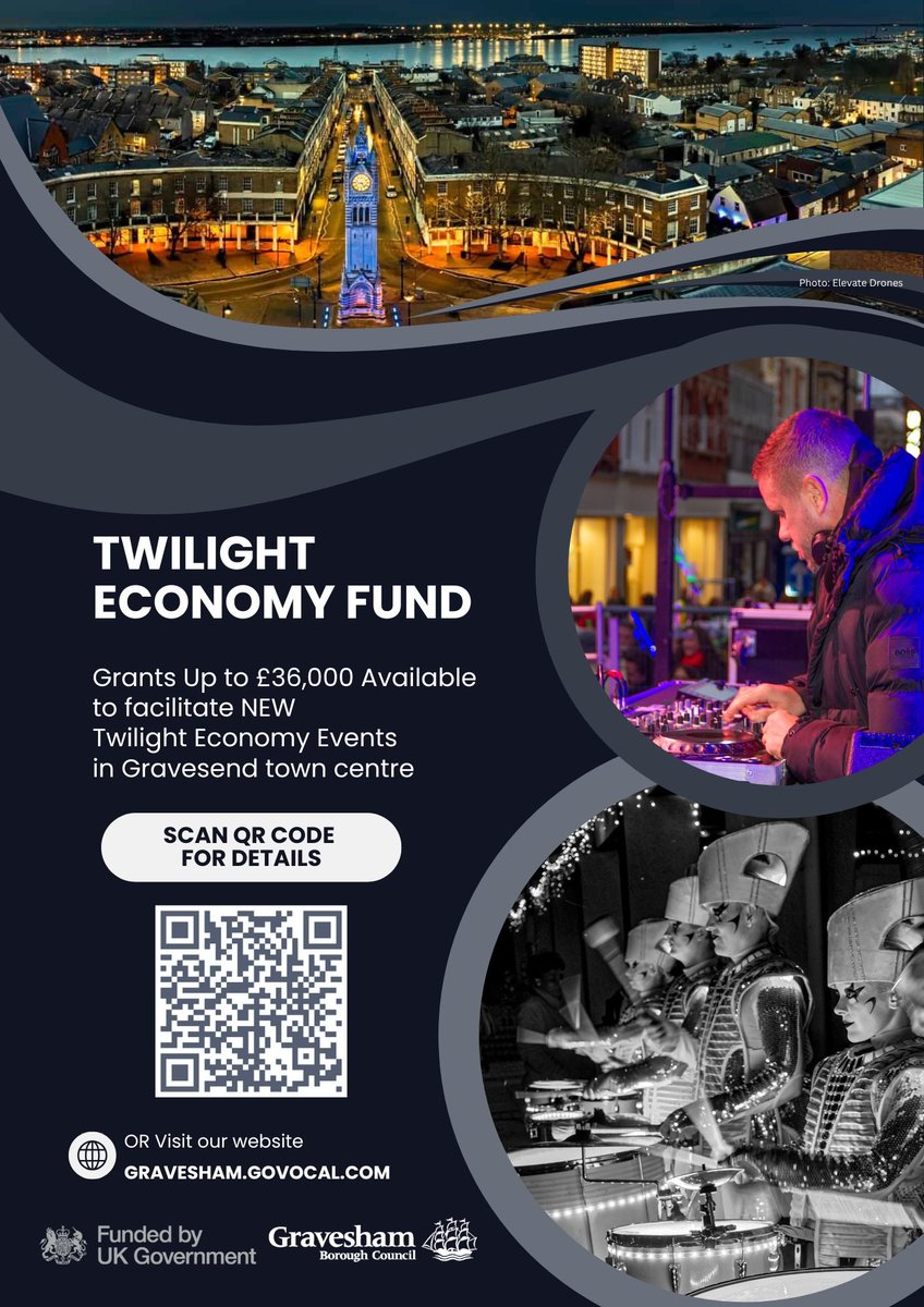GravesendTCM's tweet image. Our Grant Scheme is still open for ideas for the Twilight Economy. Could you bring an exciting engaging new event to #gravesend that would increase visitor numbers and dwell time between 5pm and 8pm?
Scan the QR Code on the flier or go to: gravesham.govocal.com/.../twilight-e…