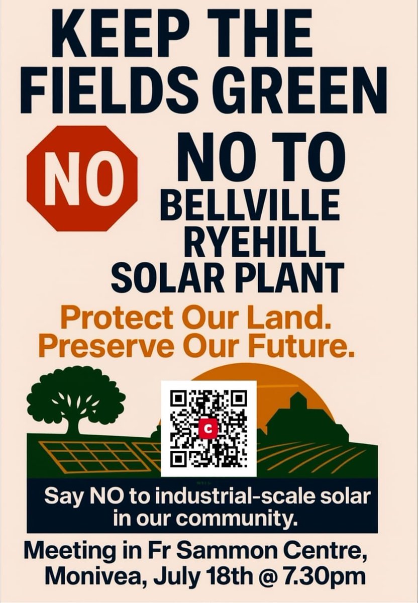 declanganley's tweet image. Great organisational work being put into the public meeting, this Friday evening, 7:30pm at the Fr. Sammon Centre, Monivea. Stop Eamon Ryan’s cult from destroying a thousand acres of our parish by burying it under a Chinese solar glass desert. Keep rural Ireland beautiful &…