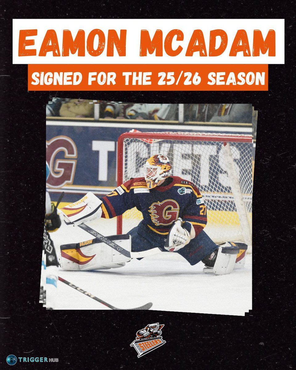 Eamon McAdam joins the Steelers for the 25/26 season 🍊🏒  

Read more ▶️ sheffieldsteelers.co.uk/?p=22953 
#SteelersHockey