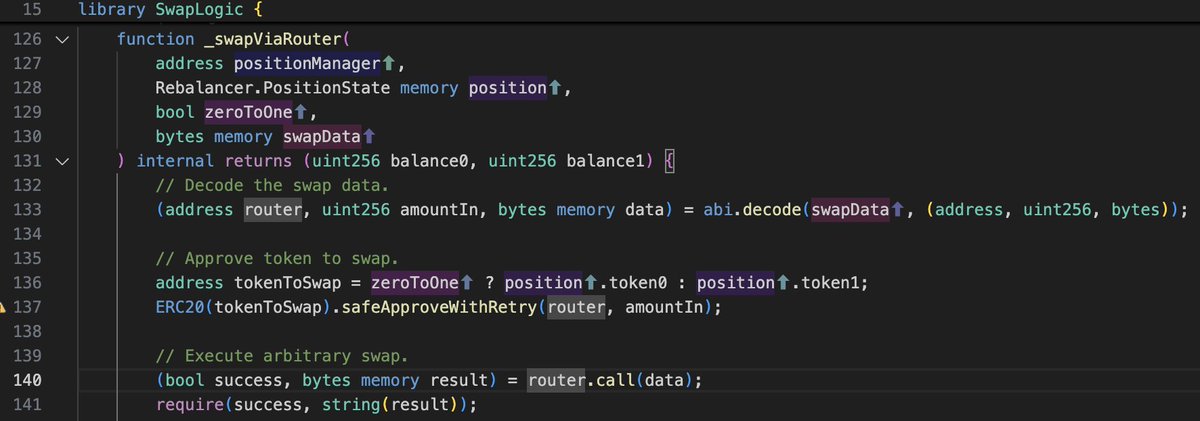 #ArcadiaFi $3.5M hack. I always try to summary a hack into one tweet, but this time it seems hard for this one due to the the hack traverses many contracts. Under the hood, an unchecked malicious `router` address is injected to drain the victims' asset.