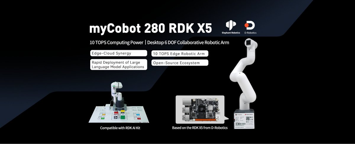 D-Robotics (@droboticsdev) on Twitter photo 🐘🤖Today we're showcasing the myCobot 280 RDK X5 from <a href="/CobotMy/">Elephant Robotics - Robotic Arms</a> Elephant Robotics. It is a 6 DOF robotic arm integrates an D-Robotics’ RDK X5 control board and preloaded AI vision and large language models (LLMs). Read more: en.d-robotics.cc/blog/mycobot-2… 🐘🤖Today we're showcasing the myCobot 280 RDK X5 from <a href="/CobotMy/">Elephant Robotics - Robotic Arms</a> Elephant Robotics. It is a 6 DOF robotic arm integrates an D-Robotics’ RDK X5 control board and preloaded AI vision and large language models (LLMs). Read more: en.d-robotics.cc/blog/mycobot-2…