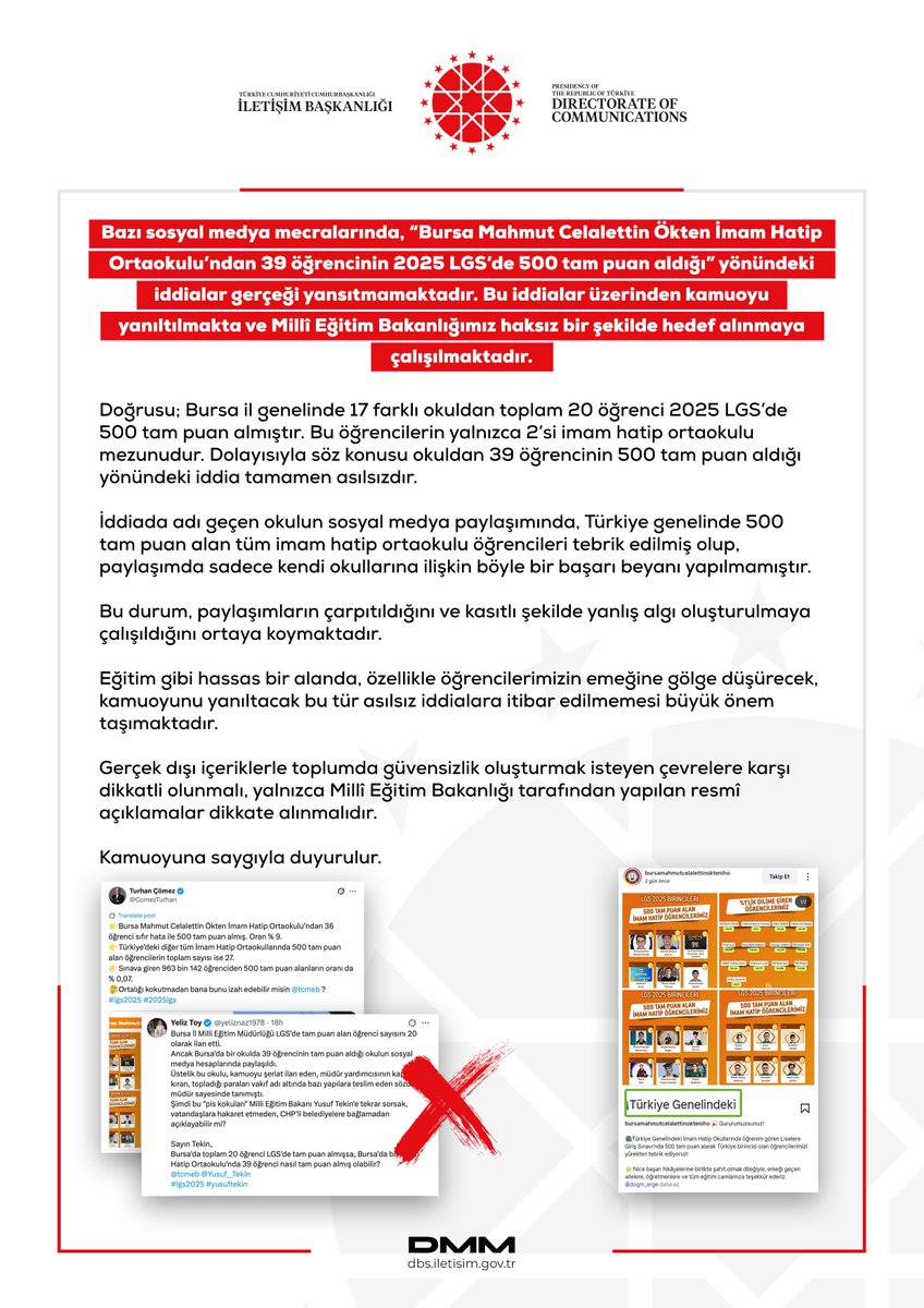Dezenformasyonla Mücadele Merkezi (@dmmiletisim) on Twitter photo Bazı sosyal medya mecralarında, “Bursa Mahmut Celalettin Ökten İmam Hatip Ortaokulu’ndan 39 öğrencinin 2025 LGS’de 500 tam puan aldığı” yönündeki iddialar gerçeği yansıtmamaktadır. Bu iddialar üzerinden kamuoyu yanıltılmakta ve Millî Eğitim Bakanlığımız haksız bir şekilde hedef Bazı sosyal medya mecralarında, “Bursa Mahmut Celalettin Ökten İmam Hatip Ortaokulu’ndan 39 öğrencinin 2025 LGS’de 500 tam puan aldığı” yönündeki iddialar gerçeği yansıtmamaktadır. Bu iddialar üzerinden kamuoyu yanıltılmakta ve Millî Eğitim Bakanlığımız haksız bir şekilde hedef