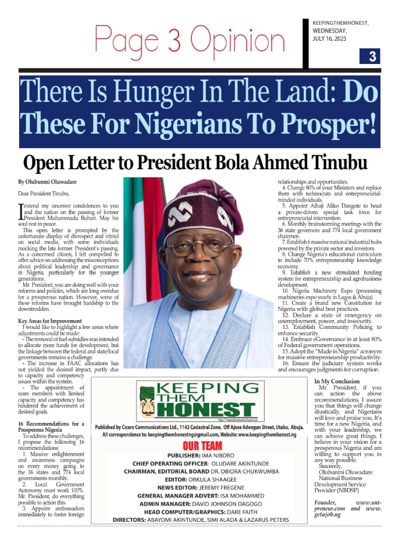 Open Letter to President Bola Ahmed Tinubu GCFR. 
<a href="/officialABAT/">Bola Ahmed Tinubu</a> <a href="/femigbaja/">Femi Gbajabiamila</a> <a href="/Mr_JAGs/">Jubril A. Gawat</a> <a href="/NGRPresident/">Presidency Nigeria</a> <a href="/OjyOkpe/">OJY OKPE</a> <a href="/MobilePunch/">Punch Newspapers</a> <a href="/NTANewsNow/">NTANetwork</a> <a href="/ARISEtv/">ARISE NEWS</a> <a href="/aonanuga1956/">Bayo Onanuga</a>