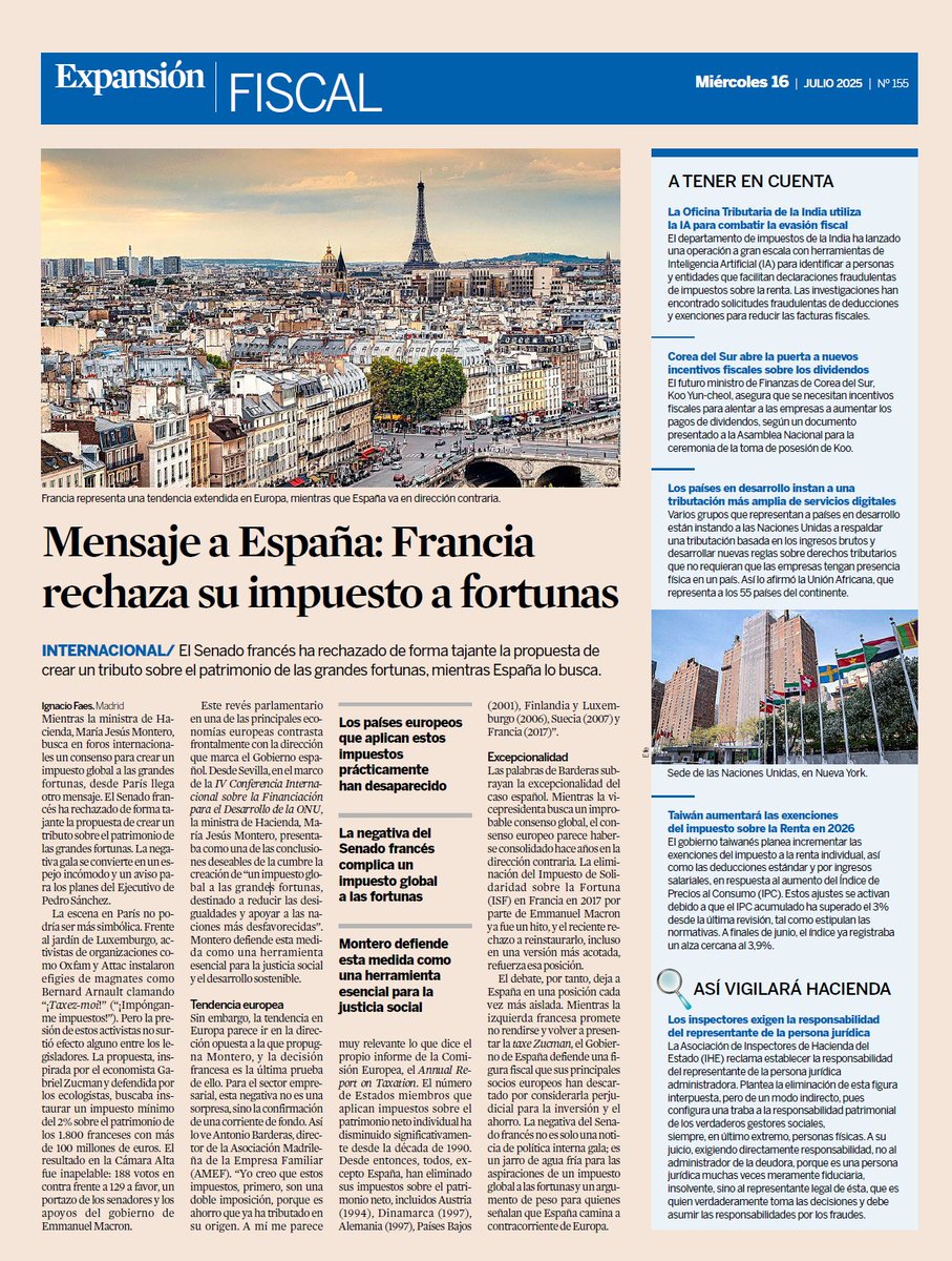 daniro_asensio's tweet image. España es el único país de Europa con el impuesto sobre el patrimonio. En 2023 ya se notó la fuga de grandes fortunas, y en los informes europeos comenzamos a aparecer como un infierno fiscal.
No es cierto que Francia lo vaya a poner. El Senado lo rechazó holgadamente.