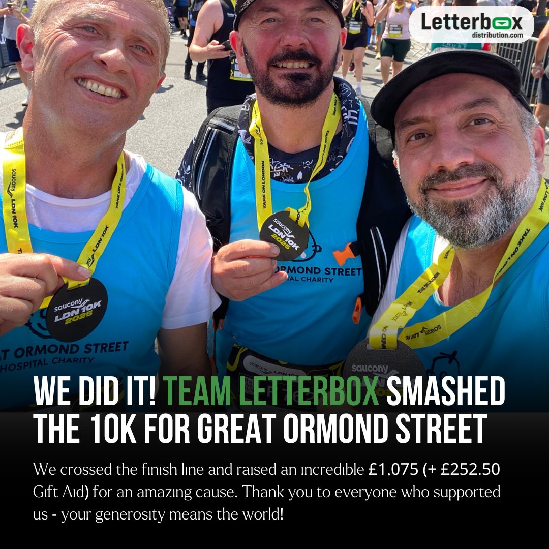 Well done to Team Letterbox. Astrit, Deeno, and Gazi all ran a 10k in sweltering heat in Central London, raising an incredible £1,075 for Great Ormond Street!

Brilliant work, lads!