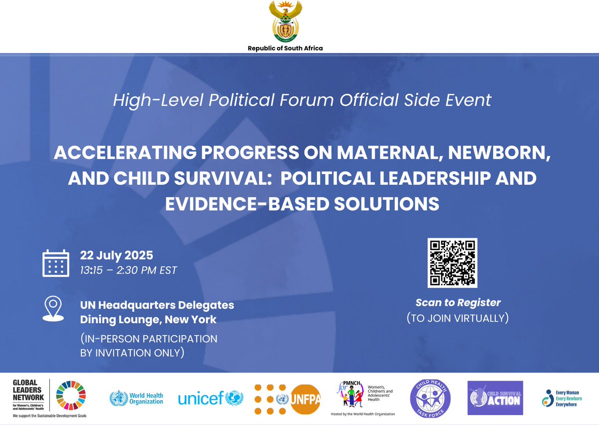 PMNCH's tweet image. REGISTER TODAY!
🚨 4.8 million newborns and children still died from preventable causes in 2023, and 260,000 women died during childbirth. We can change this!
On July 22, join us at #HLPF for:
🗣️ High-level dialogue with governments, global health agencies & donors to speed up…