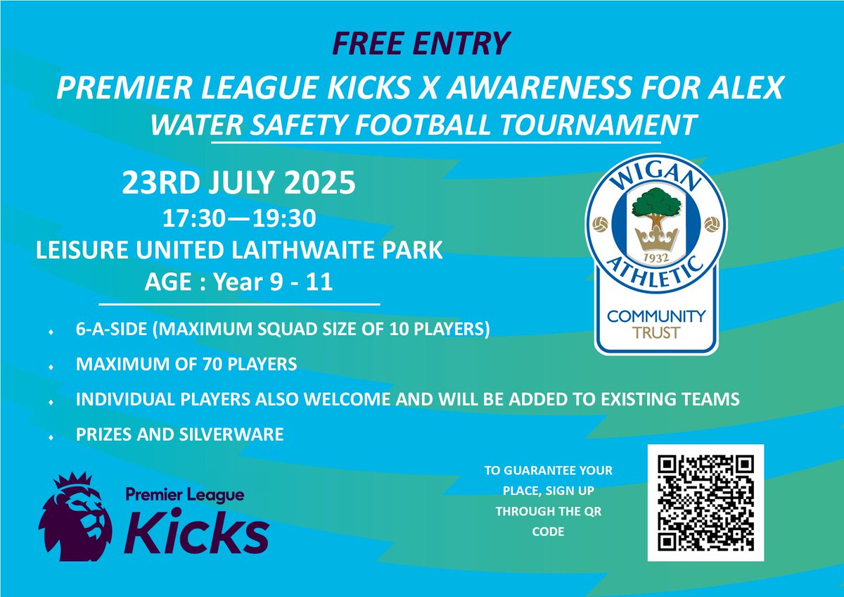 LaticsCommunity's tweet image. 🏆Our Premier League Kicks x Awareness for Alex Water Safety Football Tournament takes place on Wednesday!

There&apos;s still time for you to get involved! 💪

#wafc 🔵⚪️ | @PLCommunities