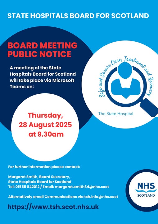TheStateHospit1's tweet image. The next meeting of the State Hospitals Board for Scotland takes place on Thursday, 28 August 2025 at 9.30am via Microsoft Teams. Find out more at:
tsh.scot.nhs.uk/abo.../the-boa…