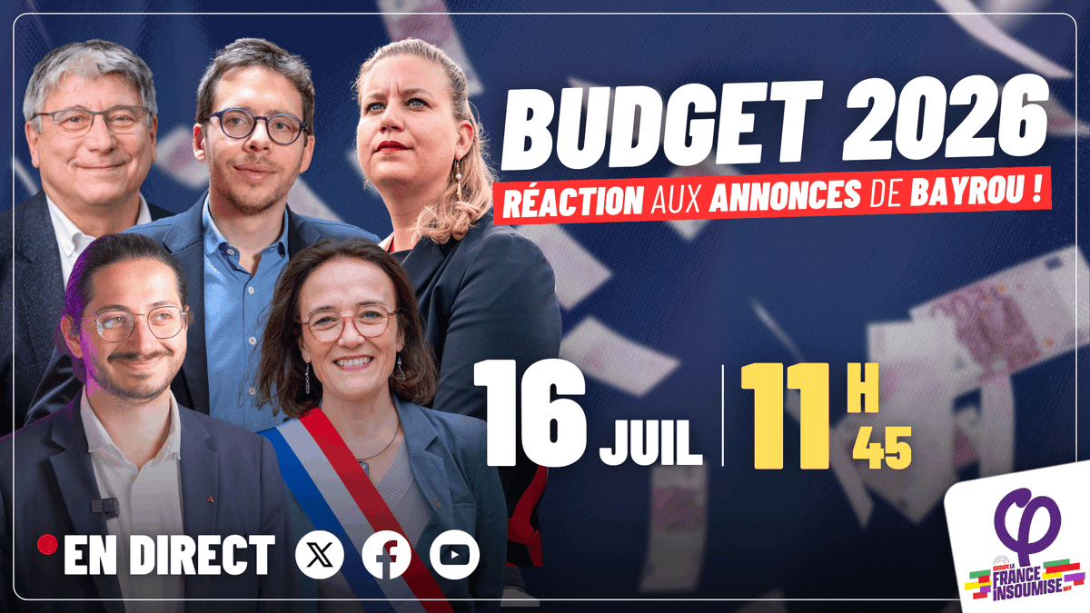 La France Insoumise #NFP à l'Assemblée (@fiassemblee) on Twitter photo 🔴⚡️Retrouvez notre conférence de presse en réaction aux annonces de Bayrou avec <a href="/MathildePanot/">Mathilde Panot</a>, @EricCoquerel, <a href="/MathildeFeld/">Mathilde Feld</a>, <a href="/Aurelien_Le_Coq/">Aurélien Le Coq</a> et <a href="/HadrienClouet/">Hadrien Clouet</a> ! 🔥
➡️ En direct à 11h45 sur Youtube, Facebook et X :
youtube.com/live/3qvIX8TlI…
#Budget2026 🔴⚡️Retrouvez notre conférence de presse en réaction aux annonces de Bayrou avec <a href="/MathildePanot/">Mathilde Panot</a>, @EricCoquerel, <a href="/MathildeFeld/">Mathilde Feld</a>, <a href="/Aurelien_Le_Coq/">Aurélien Le Coq</a> et <a href="/HadrienClouet/">Hadrien Clouet</a> ! 🔥
➡️ En direct à 11h45 sur Youtube, Facebook et X :
youtube.com/live/3qvIX8TlI…
#Budget2026