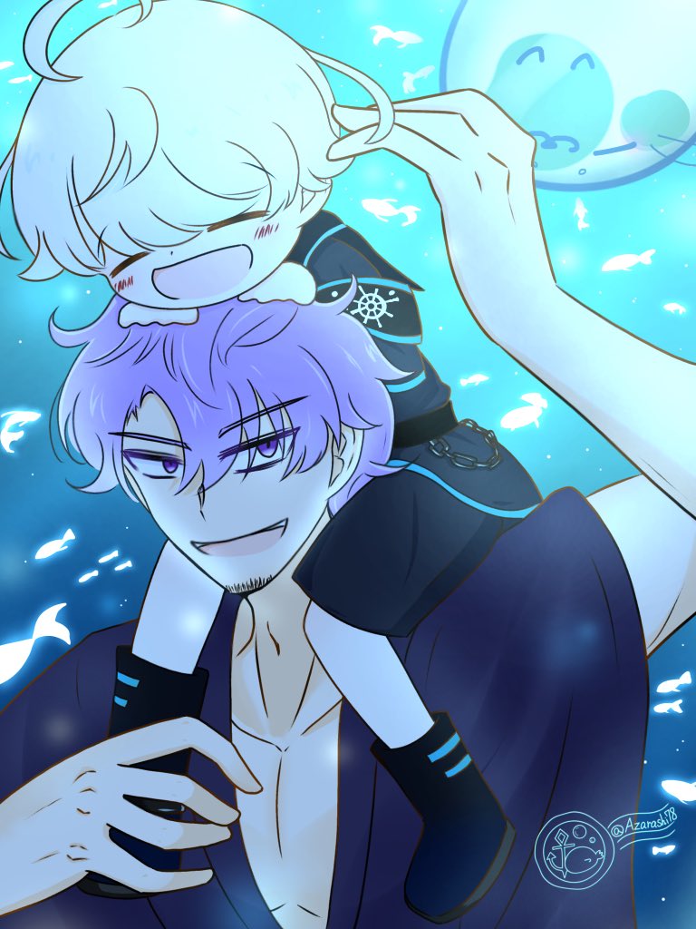 Azarashi78's tweet image. ふむ…あれが…ラッテが「たかいたかい」とやらを体験したいが為に召喚された楽器組の藤ですか。流石、ちびっ子達を手なづけるのが早いですね。ん…？水槽に不純物の反応が………って、あああぁああ！！！貴方どっから侵入したんですか！全くふてぶてしい白饅頭…！！油断も隙もありませんね…！