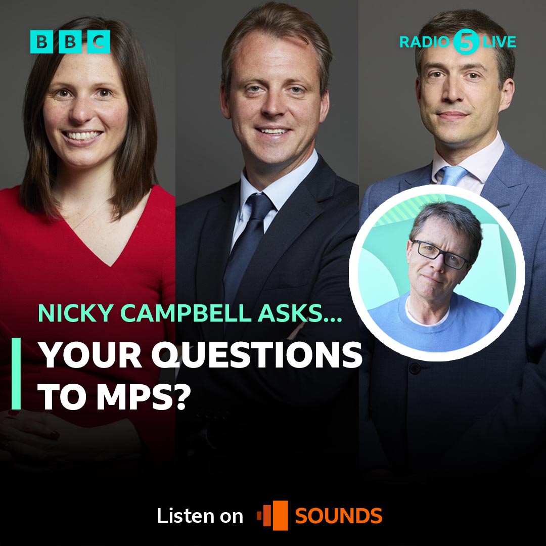 bbc5live's tweet image. At 10am Nicky Campbell is joined by MPs:
🔴Labour MP for Hyndburn, Sarah Smith
🔵Conservative MP for Isle of Wight East, Joe Robertson
🟢Green Party MP for Waveney Valley, Adrian Ramsay
What do YOU want to ask them❓