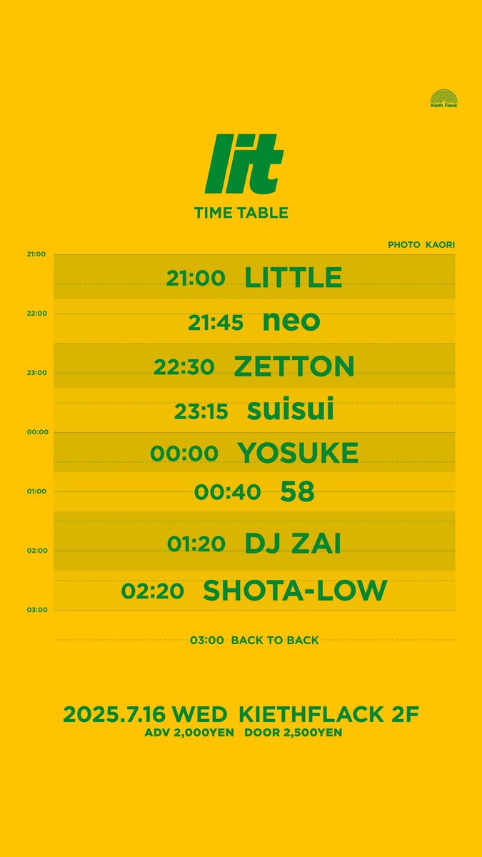 lit__jp's tweet image. Next lit ⏩
本日7/16(水) KIETH FLACKにて開催🎉
PUNPEE & BIMのライブDJとして全国を駆けるDJ ZAIが、約1年3ヶ月ぶりにlitへ帰還🤝🔥
HIPHOPの今を感じさせる選曲とスクラッチを駆使した魅せるプレイは必見🔊💥
タイムテーブル公開📢
お得な前売券は21:00まで発売中🎫
🔗t.livepocket.jp/e/lit0716…