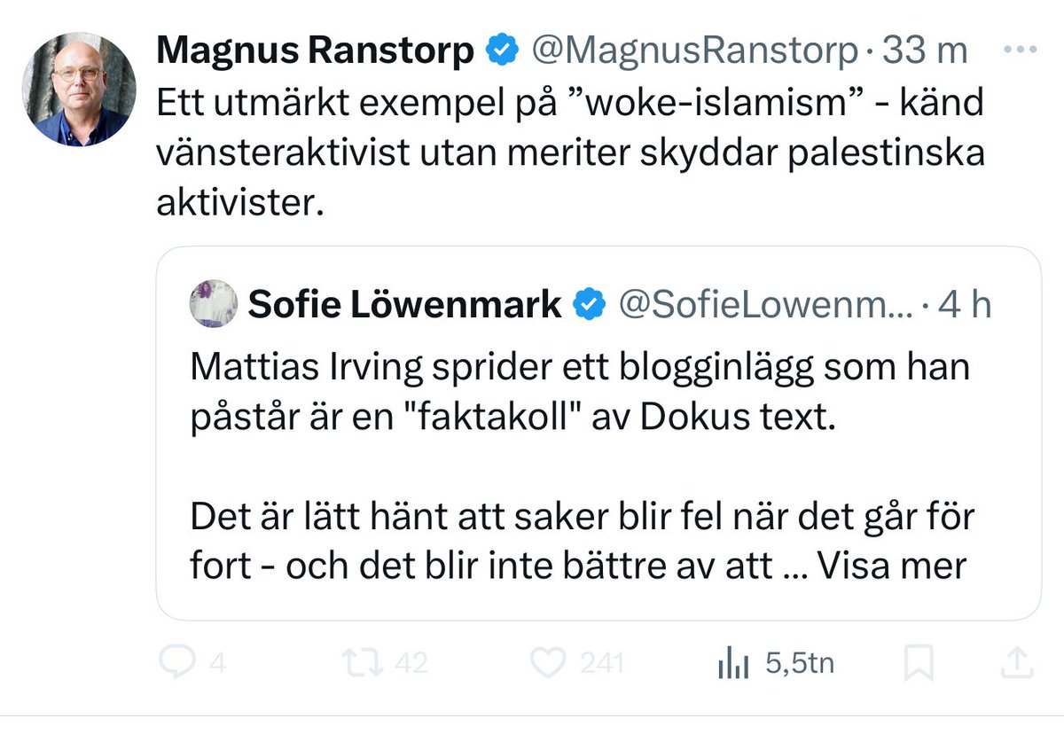 Tony Johansson (@tonyjohansson78) on Twitter photo Magnus Ranstorp faller allt längre ner i det trumpska retoriska träsket. Nu påstår han att <a href="/Nonemo/">Resolut Mjukis</a> är islamist, en ”woke”sådan. Detta efter att Irwing kritiserat Dokus bisarra smutskastningsförsök mot <a href="/GretaThunberg/">Greta Thunberg</a>. Magnus Ranstorp faller allt längre ner i det trumpska retoriska träsket. Nu påstår han att <a href="/Nonemo/">Resolut Mjukis</a> är islamist, en ”woke”sådan. Detta efter att Irwing kritiserat Dokus bisarra smutskastningsförsök mot <a href="/GretaThunberg/">Greta Thunberg</a>.