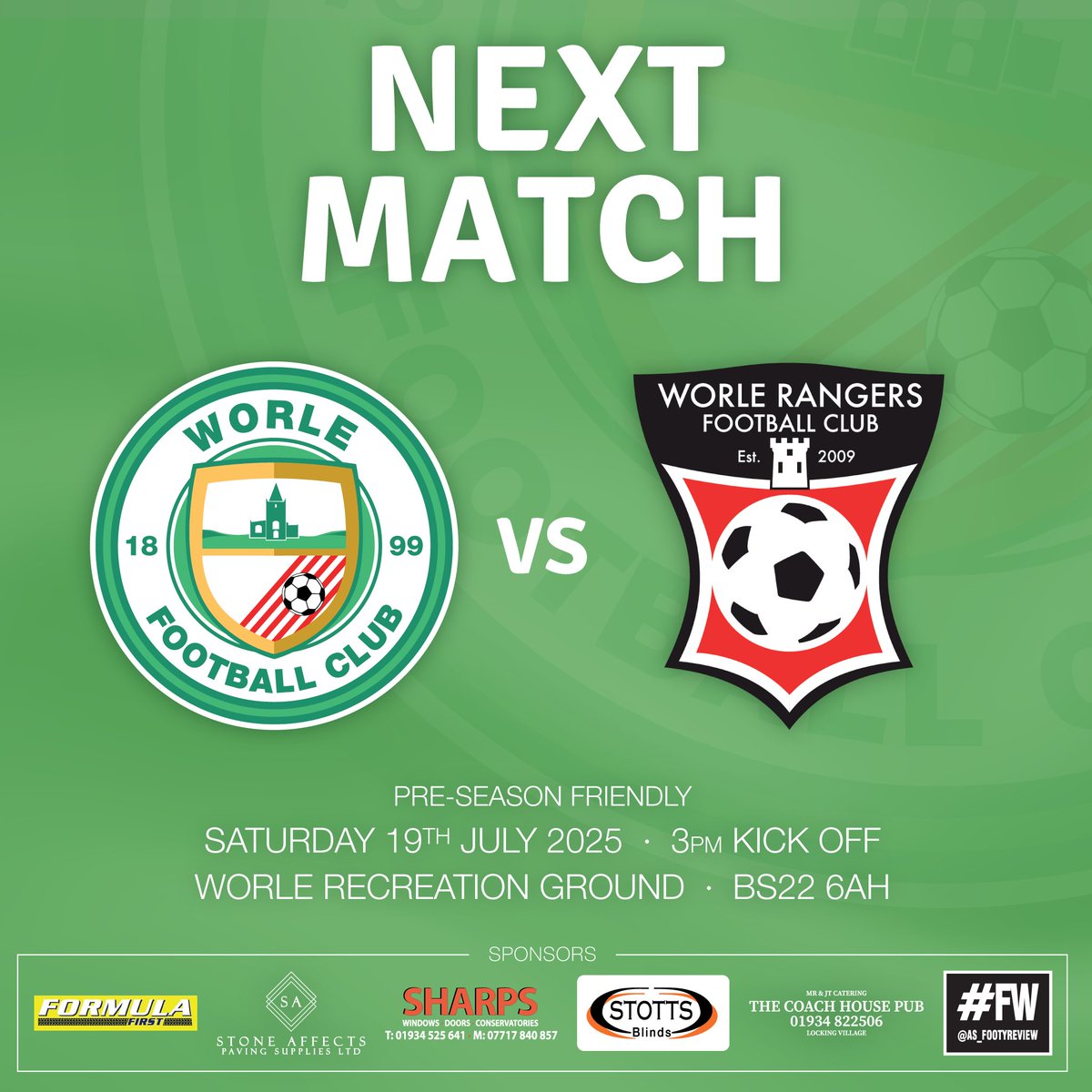 NEXT MATCH | WORLE RANGERS

Saturday sees pre-season match #04 at the Rec with a local derby against Worle Rangers. Kick off 3pm.

<a href="/swsportsnews/">South West Sports News</a>   | <a href="/NonLeagueFix/">NonLeagueFixtures</a> | <a href="/AS_FootyReview/">Stoner</a>