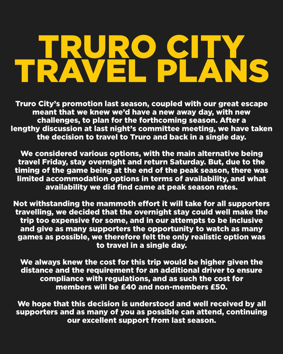 busabufc's tweet image. Please read the statement below about our travel plans for Truro City on Saturday 30th August.
The trip is now available to book on via busa.sumupstore.com
