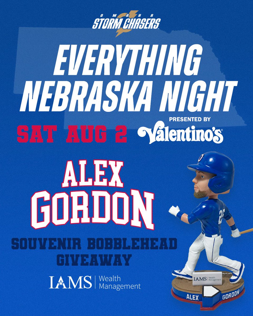 Omaha Storm Chasers (@omastormchasers) on Twitter photo What's more Nebraska than giving away an Alex Gordon bobblehead on our <a href="/valentinospizza/">Valentino's Pizza</a>'s Everything Nebraska Night?
Be one of the first 1,000 ticketed fans on August 2nd to receive your own Alex Gordon bobblehead presented IAMS Wealth Management!
๐๏ธ: bit.ly/3XQwIHU What's more Nebraska than giving away an Alex Gordon bobblehead on our <a href="/valentinospizza/">Valentino's Pizza</a>'s Everything Nebraska Night?
Be one of the first 1,000 ticketed fans on August 2nd to receive your own Alex Gordon bobblehead presented IAMS Wealth Management!
๐๏ธ: bit.ly/3XQwIHU