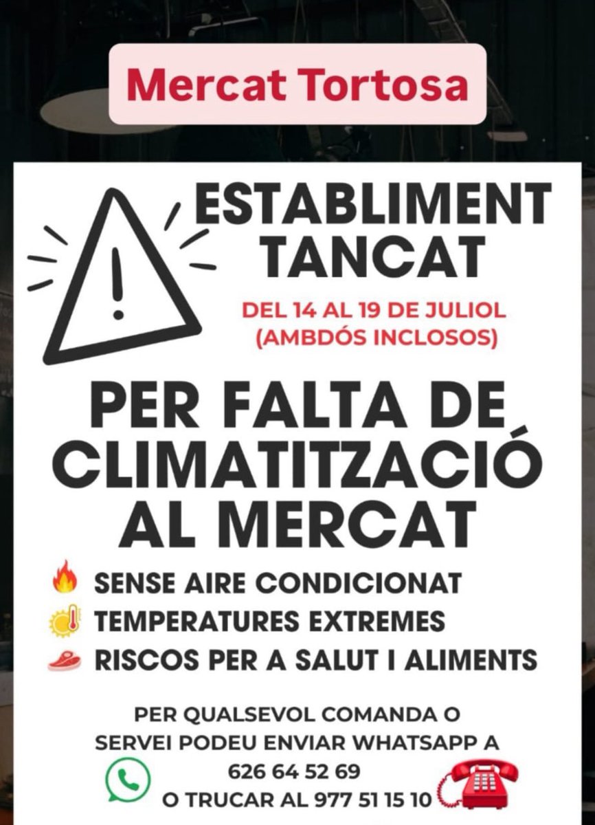 ⚠️ Continua el desgavell i el despropòsit del #Tripartit a #Tortosa . Ara al mercat, el mes de juny més calurós que es recorda i el que portem de juliol sense climatització , per una planificació inexistent o feta amb els peus.
#incapacitat #negligència #desídia