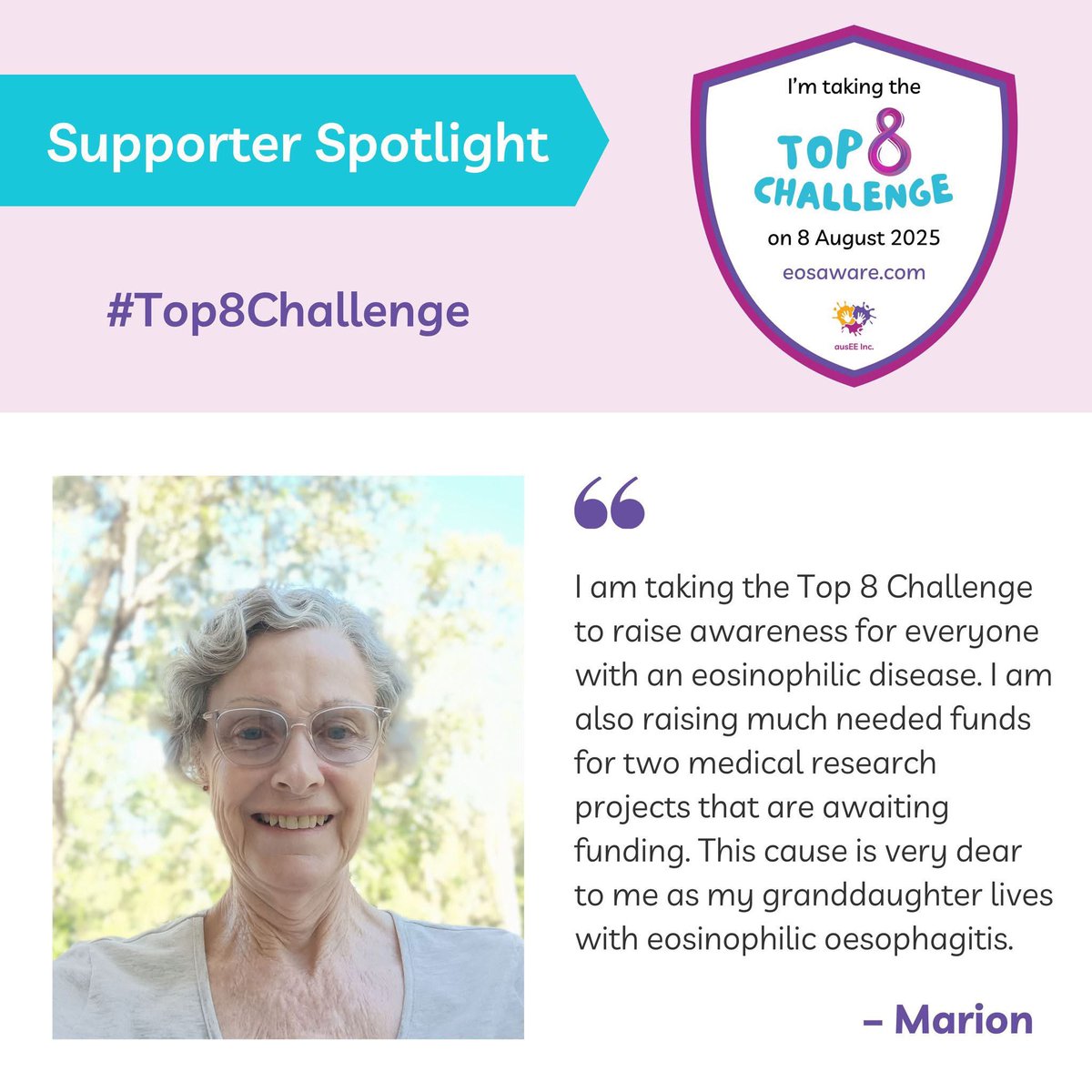 Supporter Spotlight 💜 

Marion is taking our #Top8Challenge on 8 August.

Sign up too at top8challenge.com/signup 

Support our cause with a donation at top8challenge.com/donate

Your support will help make research happen!

#SupporterSpotlight #EOSaware