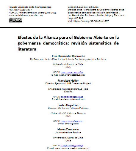 Revista Española de la Transparencia #RET (@retransparencia) on Twitter photo Publicamos en #RET21: «Efectos d la Alianza para el Gobierno Abierto en la gobernanza democrática: revisión sistemática d literatura». Firman <a href="/jhdezbonivento/">José Hernández Bonivento</a> y Maren Zamorano (<a href="/UAustraldeChile/">Universidad Austral de Chile</a>), <a href="/fjmoller/">Francisco moller</a> (<a href="/UNIRuniversidad/">Universidad Internacional de La Rioja (UNIR)</a>) y <a href="/moyadiaz1980/">Emilio Moya Díaz</a> (<a href="/UC_Temuco/">UC Temuco</a>).
🔗revistatransparencia.com/ojs/index.php/… Publicamos en #RET21: «Efectos d la Alianza para el Gobierno Abierto en la gobernanza democrática: revisión sistemática d literatura». Firman <a href="/jhdezbonivento/">José Hernández Bonivento</a> y Maren Zamorano (<a href="/UAustraldeChile/">Universidad Austral de Chile</a>), <a href="/fjmoller/">Francisco moller</a> (<a href="/UNIRuniversidad/">Universidad Internacional de La Rioja (UNIR)</a>) y <a href="/moyadiaz1980/">Emilio Moya Díaz</a> (<a href="/UC_Temuco/">UC Temuco</a>).
🔗revistatransparencia.com/ojs/index.php/…