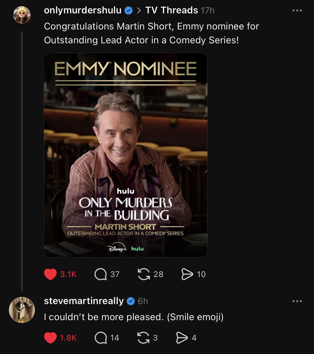 thedailymartins's tweet image. screenshots of steve martin's threads — steve martin on martin short's nomination for 'outstanding lead actor in a comedy series' - 'only murders in the building' at the emmy awards (2025)
📸: stevemartinreally | threads