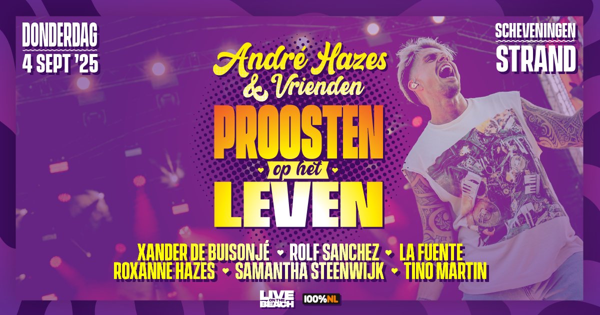 🏖️ Proost deze zomer op het leven bij André Hazes &amp; Vrienden op het strand van Scheveningen! Op donderdag 4 september nodigt de zanger je uit voor zijn grootste strandconcert met muzikale vrienden als Tino Martin, Rolf Sanchez, La Fuente en zijn zus Roxeanne Hazes.

📆 4