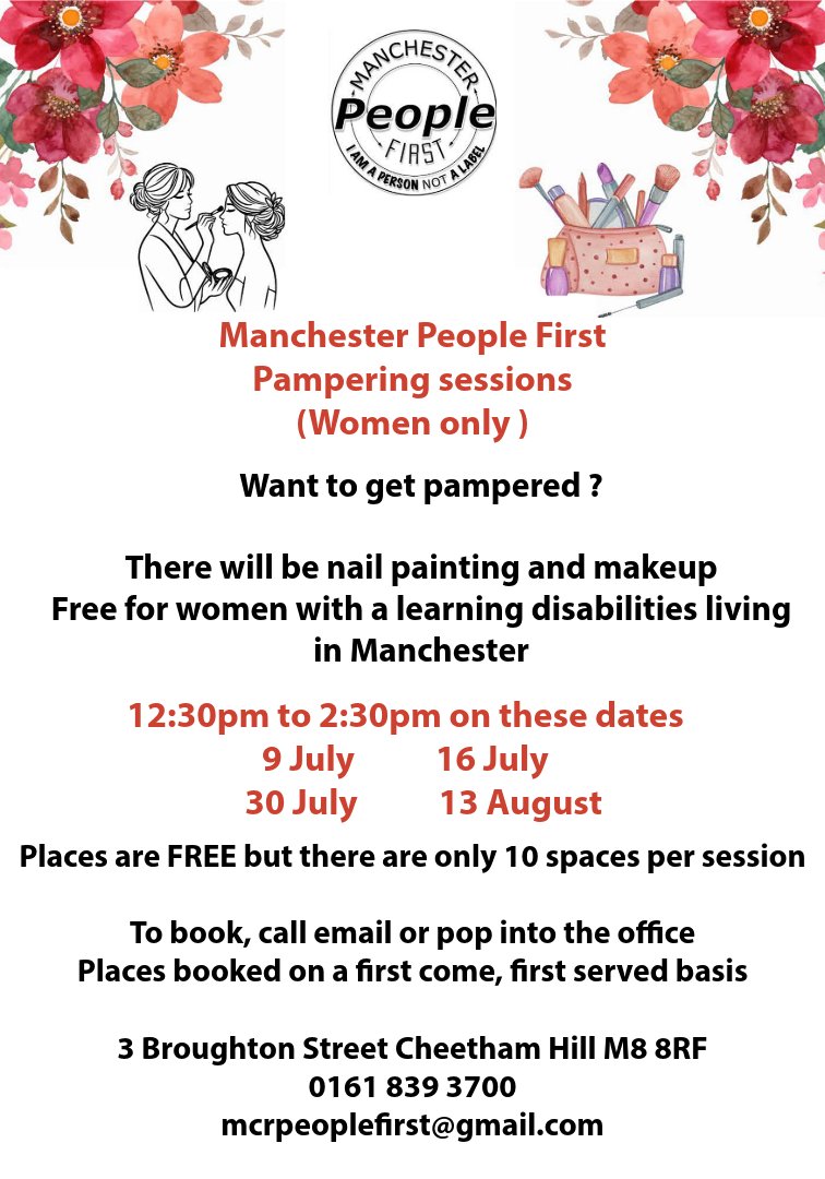 MPF Pampering Sessions 

Weds over the next few weeks
12.30 - 2.30pm each day 

9th July 
16th July 
30th July 
16th August 

All Sessions are FREE 
YOU NEED TO BOOK 
as there are limited spaces

See poster for more info ....
