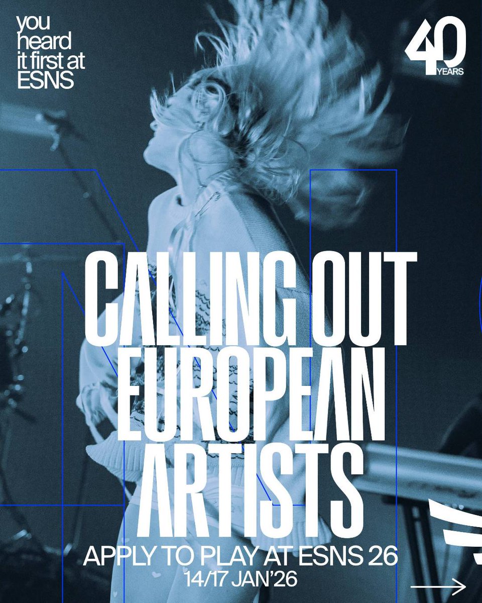 #ESNS26: #OpenCall para visibilidad y proyección de #artistas #jóvenes #emergentes de #Europa
Hasta 01/09
pmsl.es/1z7 

Organizado por <a href="/esns/">ESNS</a>, plataforma beneficiaria de #EuropaCreativa que lucha por #SectorMusical sostenible, diverso, inclusivo y accesible.