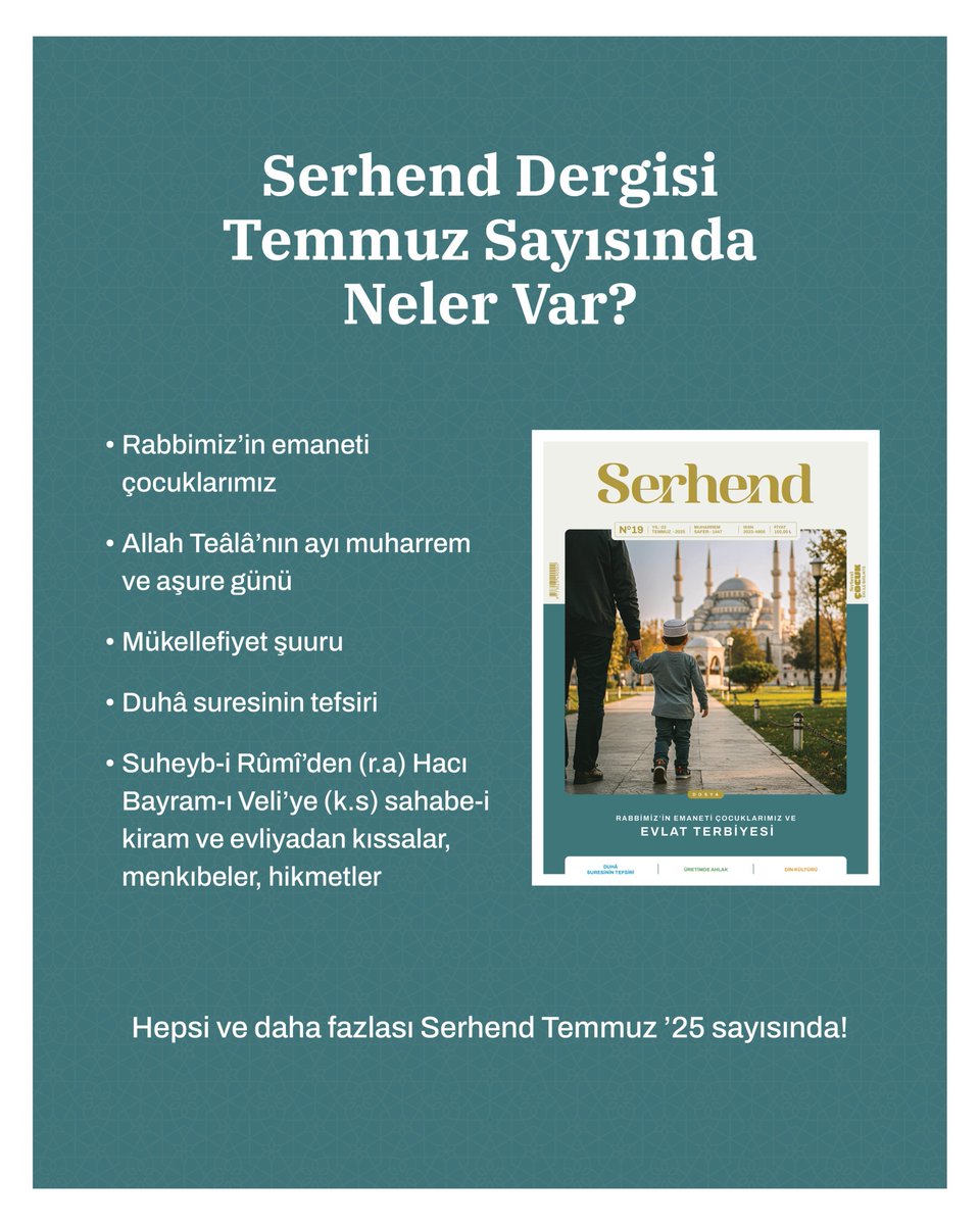 Serhend dergisinde bu ay neler var?

🔸Rabbimiz’in emaneti çocuklarımız

🔸Allah Teâlâ’nın ayı muharrem ve aşure günü

🔸Duhâ suresinin tefsiri

Hepsi ve daha fazlası Serhend Temmuz ’25 sayısında!