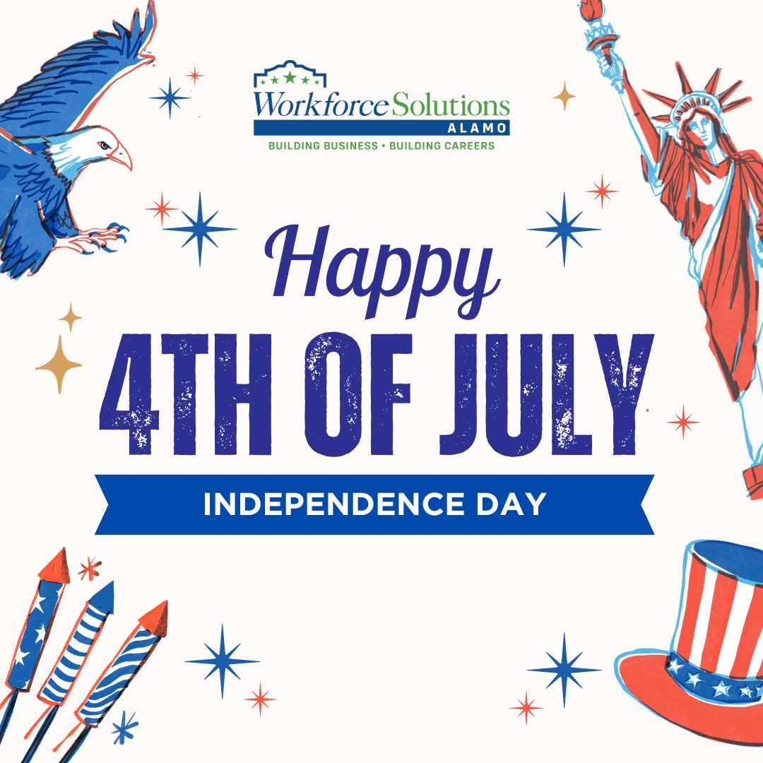 Happy 4th of July!

All Workforce Solutions Alamo Career Centers are closed today and will reopen Monday, July 7.

Wishing you a safe holiday!

#WorkforceSolutionsAlamo #July4th