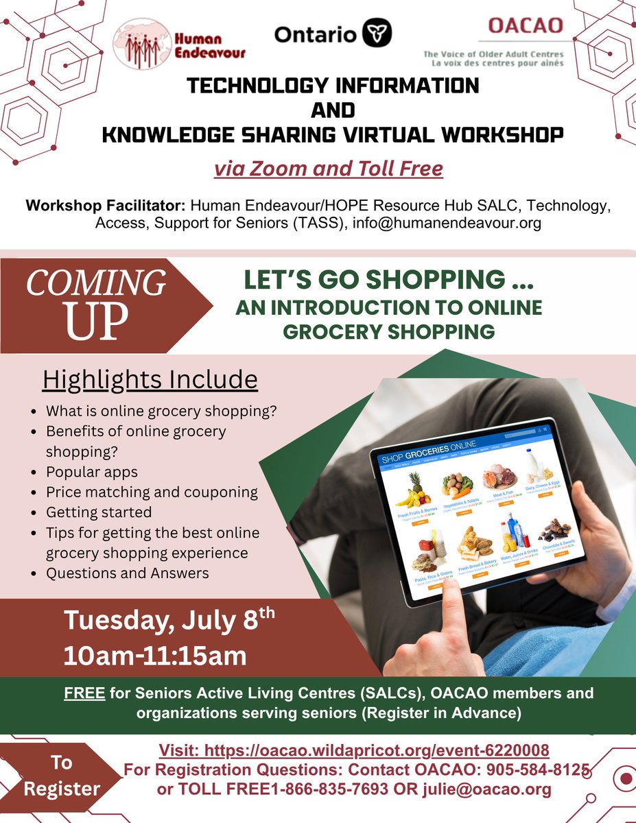 TheOACAO's tweet image. ๐ Join our FREE technology workshop: Intro to Online Grocery Shopping
๐
July 8 | ๐ 10โ11:15 AM on Zoom
๐ฏ Open to SALCs & OACAO members
โ
Tips, tools & live Q&A
๐ Register now: oacao.wildapricot.org/event-622000
๐ Registration required!
#TechForSeniors#AgingWell #VirtualWorkshop