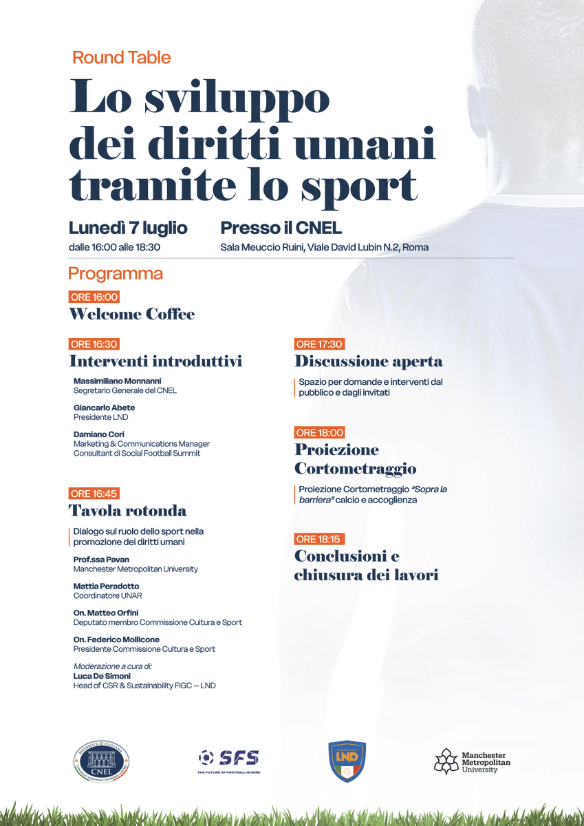 Tavola rotonda per condividere buone pratiche e discutere di nuovi progetti sociali.
🔹 “𝑳𝒐 𝒔𝒗𝒊𝒍𝒖𝒑𝒑𝒐 𝒅𝒆𝒊 𝒅𝒊𝒓𝒊𝒕𝒕𝒊 𝒖𝒎𝒂𝒏𝒊 𝒕𝒓𝒂𝒎𝒊𝒕𝒆 𝒍𝒐 𝒔𝒑𝒐𝒓𝒕”
📍 CNEL – Roma | 🕓 7 luglio, ore 16:00
📩 Info e accrediti marketing@socialfootballsummit.com

#SFS