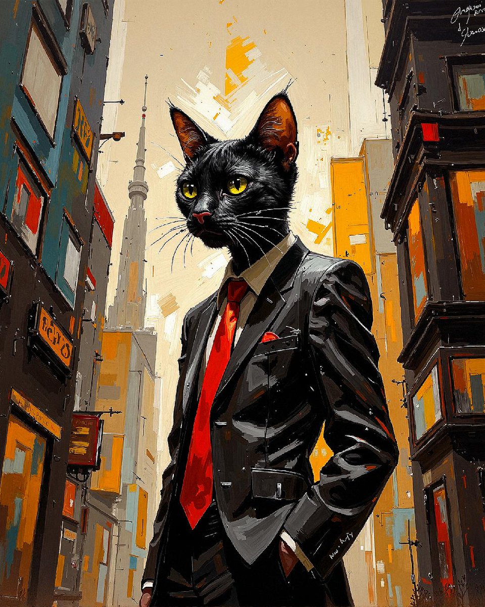 Wandering Toronto's streets, Felini the cat captivates with his surreal yet realistic portrait. The city's textured walls and his sleek form create a stunning contrast, capturing the urban chaos's quiet power. #BusinessCat #GentleCat #BlackCatPortrait