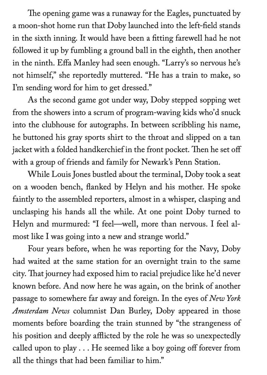 Luke Epplin (@lukeepplin) on Twitter photo Seventy-eight years ago today, Larry Doby played one last game for the Newark Eagles, then boarded an overnight train to Chicago to join the Cleveland Indians. This is my favorite passage of "Our Team," one that I used in the proposal to sell the book. It's the emotional crux. Seventy-eight years ago today, Larry Doby played one last game for the Newark Eagles, then boarded an overnight train to Chicago to join the Cleveland Indians. This is my favorite passage of "Our Team," one that I used in the proposal to sell the book. It's the emotional crux.