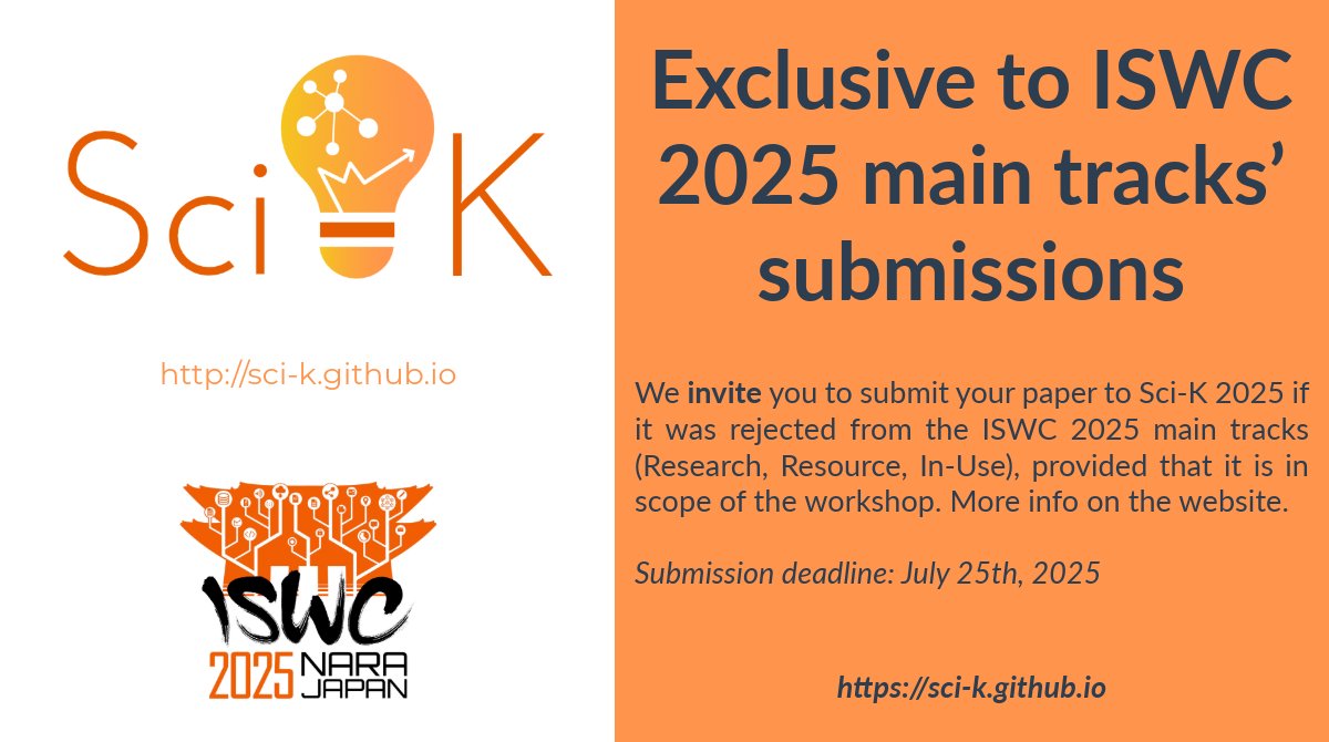 Sci-K @ ISWC2025 (@scik_workshop) on Twitter photo EXCLUSIVE TO ISWC!!
Notifications of the main tracks are due on 17 Jul!
Of course, we root for your success. However, if rejected, we encourage submitting it to Sci-K. We offer a preferential line, provided it's within scope. Please review the submission guidelines. <a href="/iswc_conf/">International Semantic Web Conference</a> EXCLUSIVE TO ISWC!!
Notifications of the main tracks are due on 17 Jul!
Of course, we root for your success. However, if rejected, we encourage submitting it to Sci-K. We offer a preferential line, provided it's within scope. Please review the submission guidelines. <a href="/iswc_conf/">International Semantic Web Conference</a>