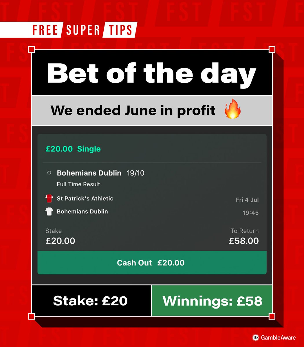 Our #BetOfTheDay finished in profit for June - another month up 🔥

🇮🇪 Our Irish football judge has given us his bet of the day for tonight's football:

BOHEMIANS to win at St. Patrick's - 19/10

Reasoning:
∙ Bohemians have won six of their last nine matches and they are fancied
