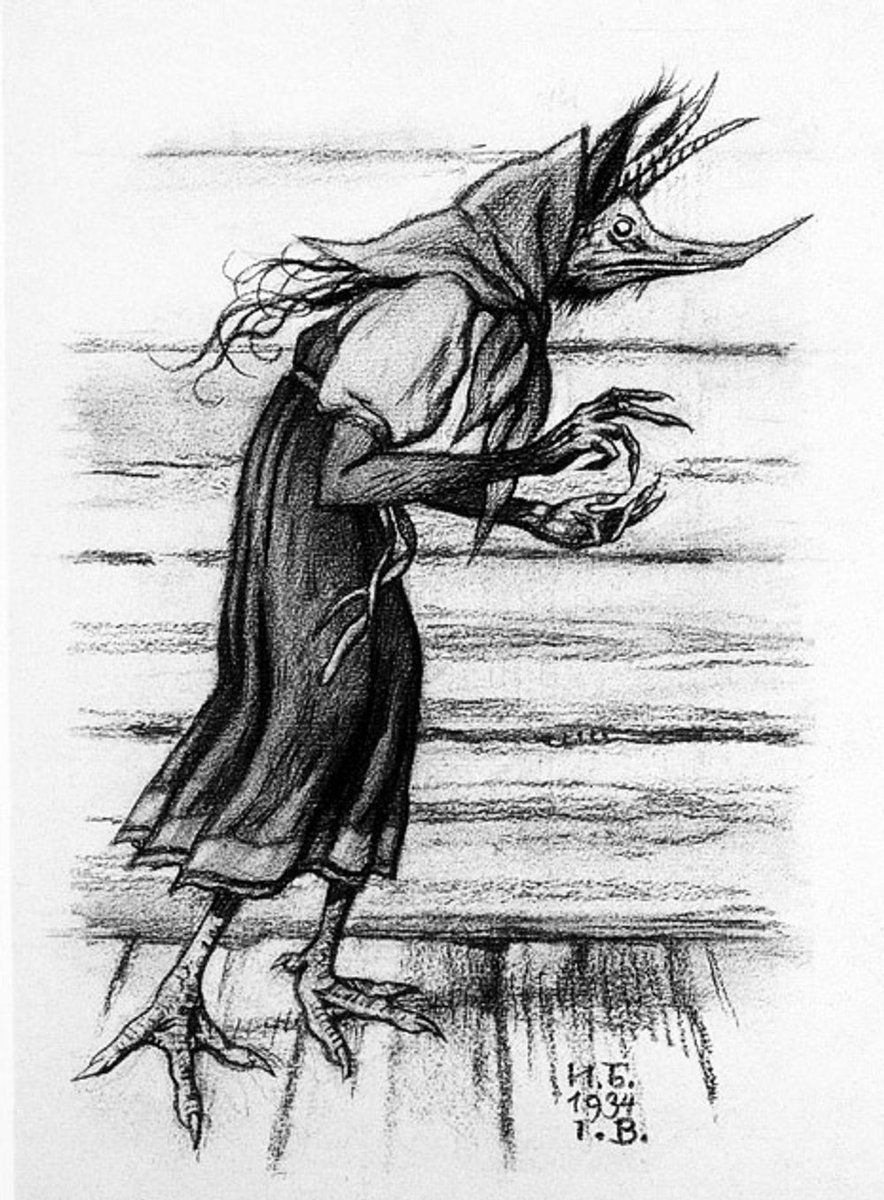 #CreatureOfTheDay is the kikimora, from Slavic folklore. A small old woman with chicken legs and a beak who secretly lives in your house and helps out and/or messes with stuff and breaks dishes. She'll make mouse noises behind your stove to let you know she wants food.