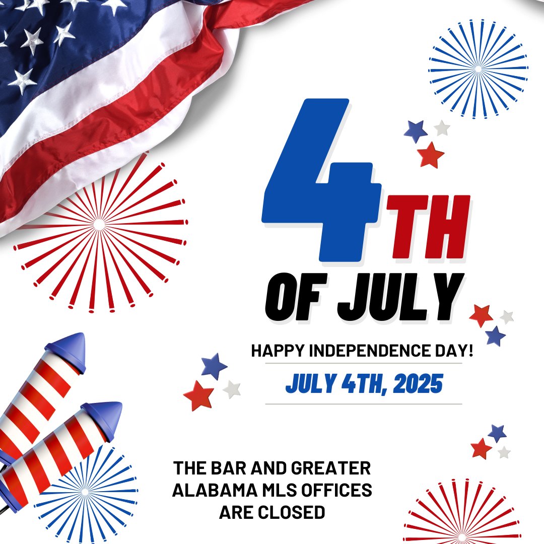 BhamREALTORS's tweet photo. The BAR and Greater Alabama MLS Offices are closed today for Independence Day! We will be back open next Monday, July 7th.

We hope you have a great time with your friends and family this weekend. 

Happy Fourth of July! https://t.co/MRLa2wi0rQ