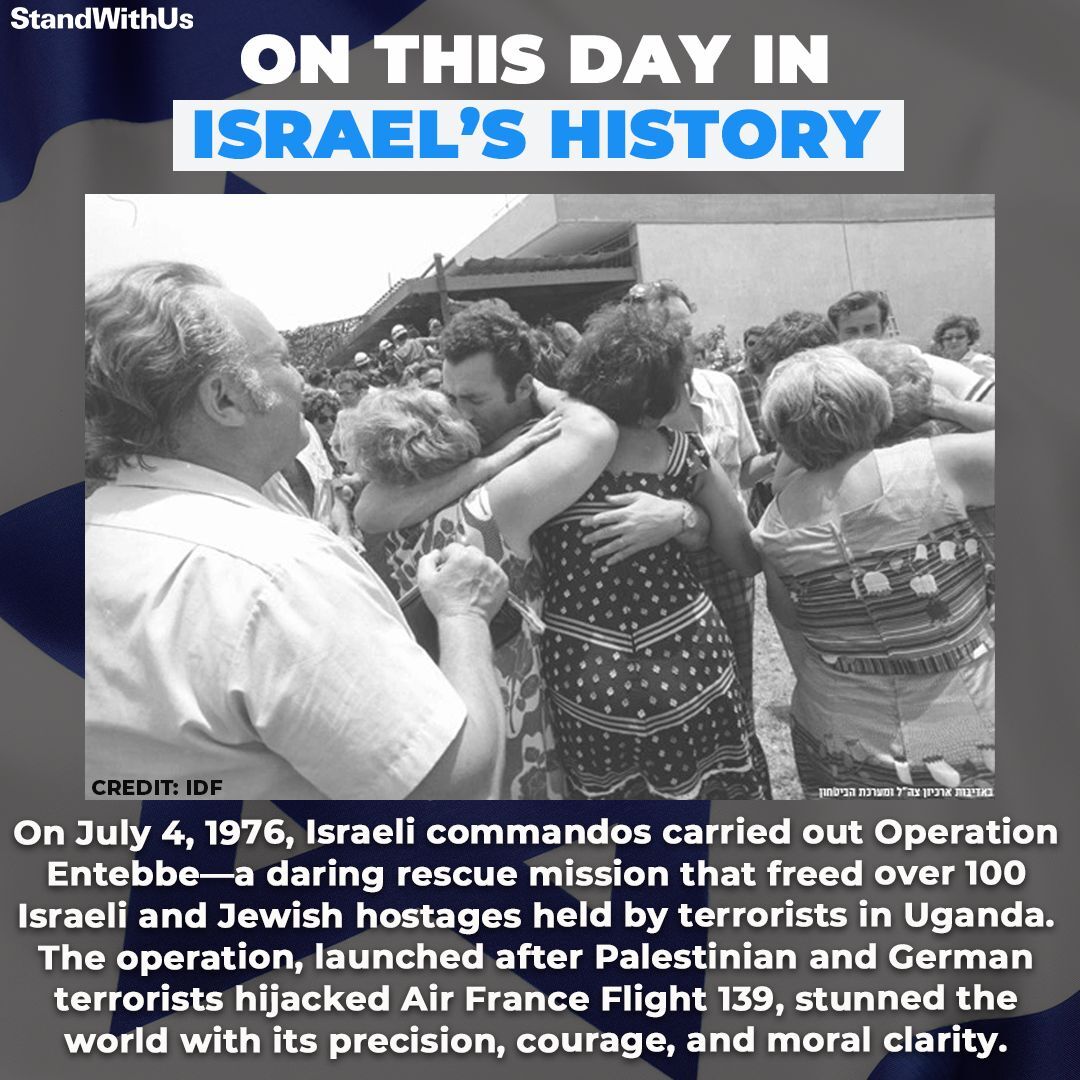 StandWithUs's tweet photo. Today, we honor the heroes of Operation Entebbe.
We remember the three hostages who were tragically murdered during the rescue operation, and the elderly female hostage who had been taken to a local hospital before the operation began—only to be murdered after the mission’s success.
We also pay tribute to the mission’s commander, Lt. Col. Yonatan (Yoni) Netanyahu, who was killed in action. His bravery and leadership continue to inspire generations, and he remains a national hero in Israel to this day.
The legacy of Operation Entebbe lives on as a powerful symbol of courage, sacrifice, and the unwavering commitment to protect innocent lives.