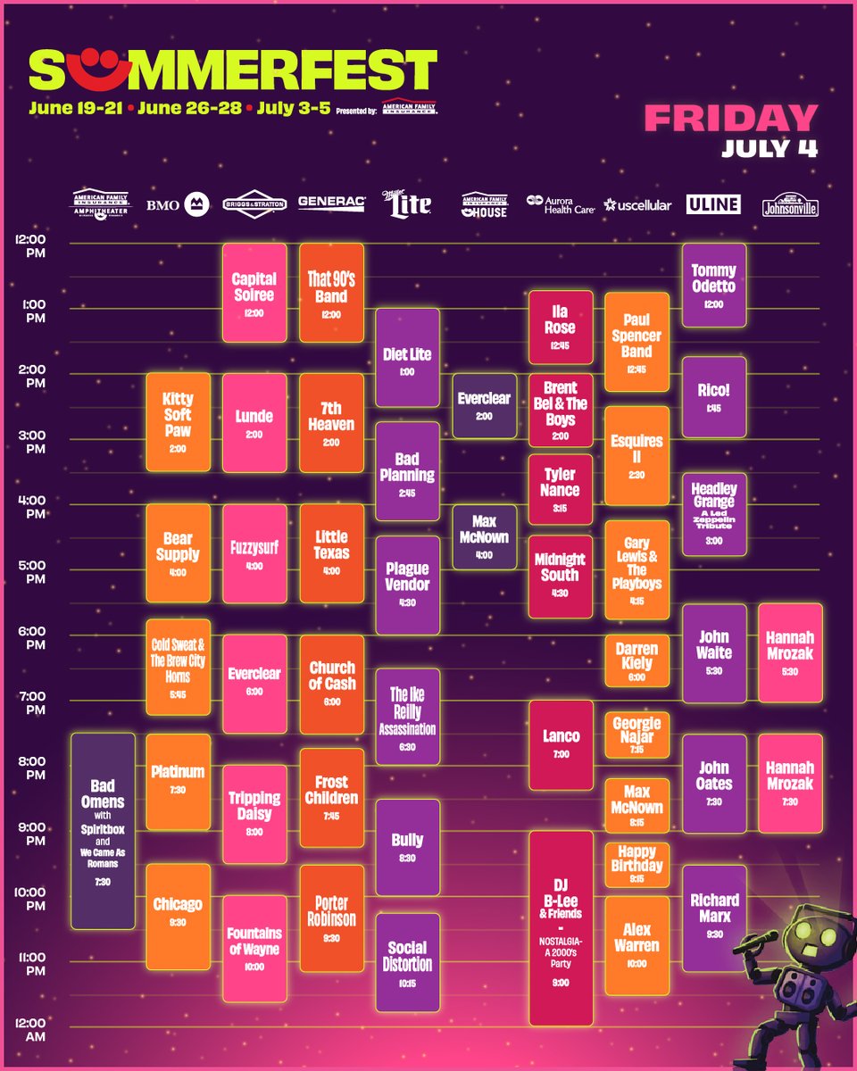 Summerfest's tweet image. Happy July 4th!🎆 Time to celebrate with live music & good times.🎉
Don't miss our American Family Insurance Amphitheater headliner, @badomenscult with @spiritboxband & @wecameasromans, tonight!✨
Bad Omens Tickets: ticketmaster.com/event/0700626E…
GA Tickets: store.summerfest.com/2025-summerfes…